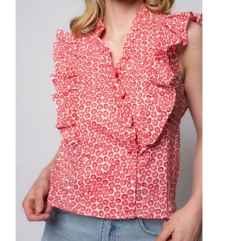 FRNCH Paris pink red poppy floral ruffle top blouse small s 100% cotton